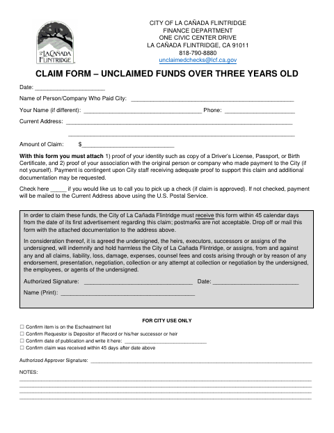 First page of the Claim Form – Unclaimed Funds Over Three Years Old