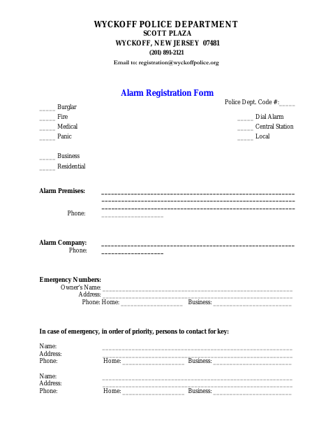 First page of the Alarm Registration Form