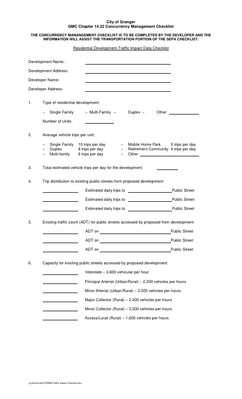 First page of the Traffic Impact Checklist