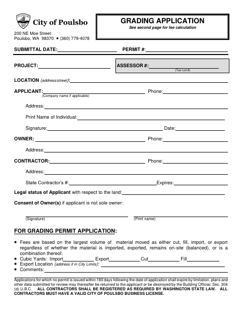 First page of the Grading Permit Application