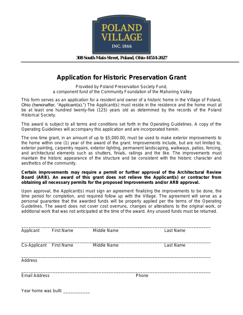 First page of the Application for Historic Preservation Grant