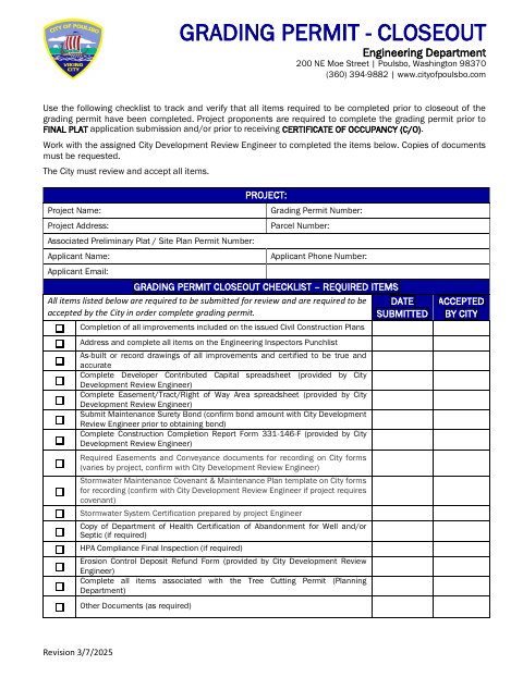 First page of the Grading Permit Closeout Checklist