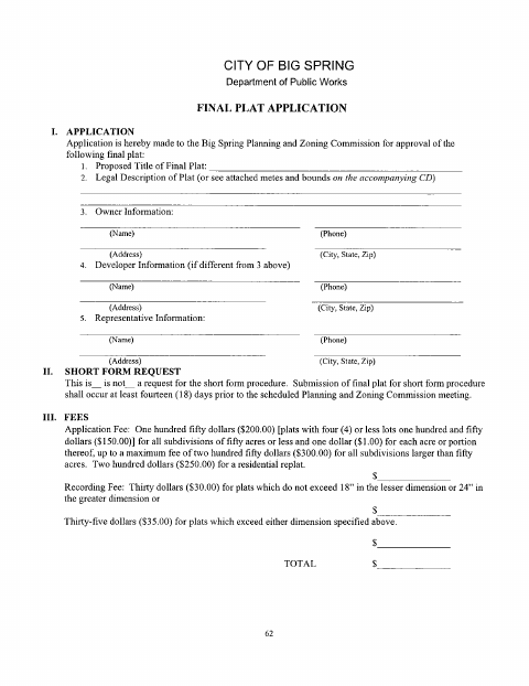 First page of the Final Plat Application
