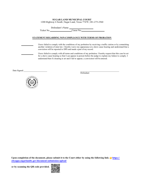 First page of the Statement Regarding Non-Compliance With Terms of Probation