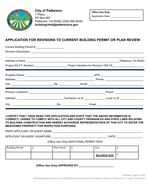 First page of the Application for Revisions to Current Building Permit or Plan Review