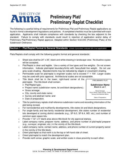 First page of the Preliminary Plat/Preliminary Replat Checklist