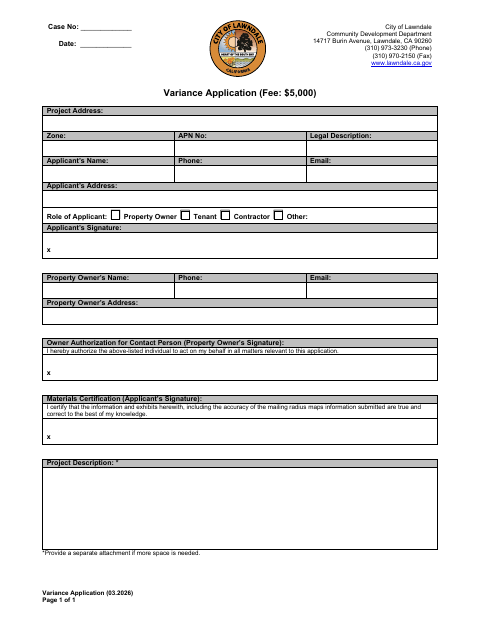 First page of the Variance Application