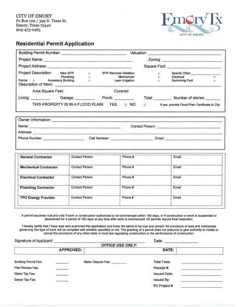 First page of the Residential Permit Application