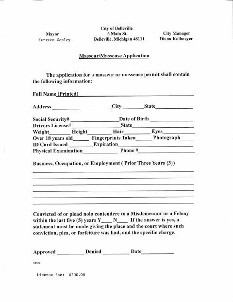 First page of the Masseur/Masseuse Application