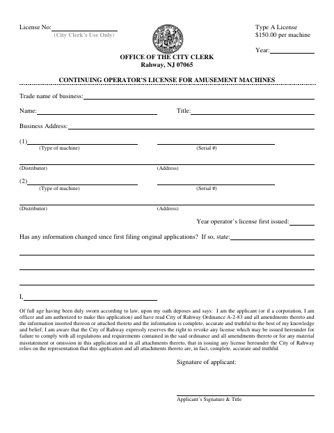 First page of the Amusement Machine License Type A Application – Continuing Operator