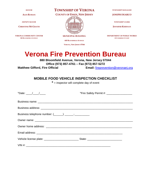 First page of the Mobile Food Vehicle Inspection Checklist