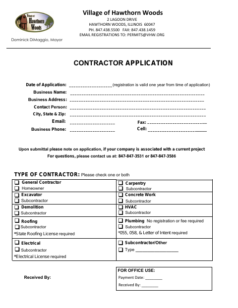 First page of the Contractor Application