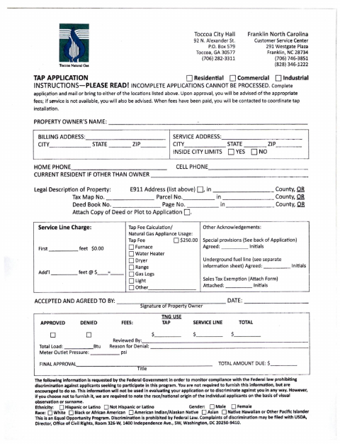 First page of the Natural Gas Tap and New Service Application