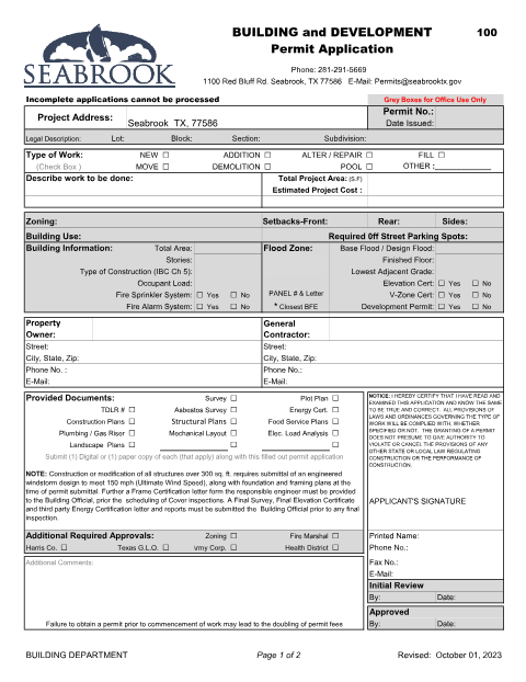 First page of the Building and Development Permit Application