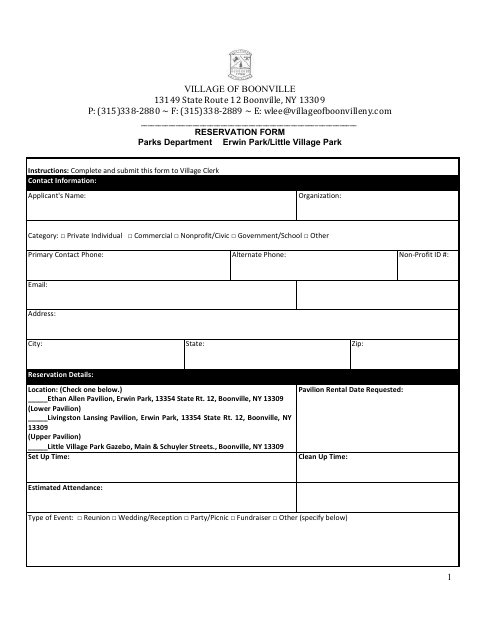 First page of the Park Reservation Form