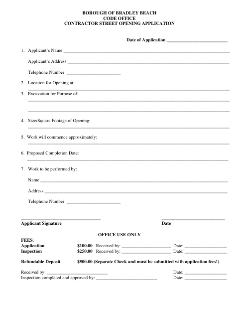 First page of the Contractor Street Opening Application