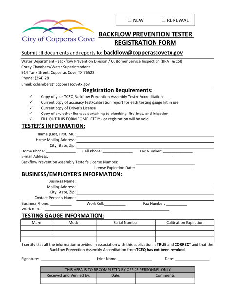 First page of the Backflow Prevention Tester Registration Form