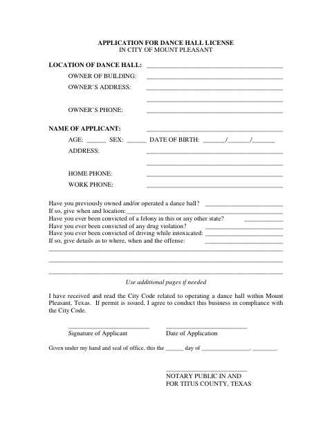 First page of the Dance Hall License Application