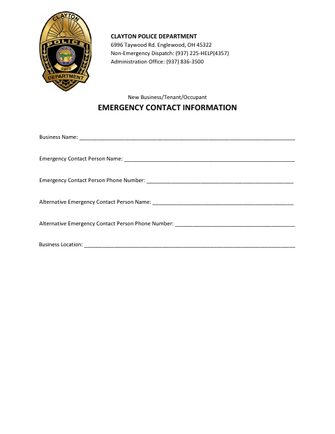 First page of the New Business/Tenant/Occupant Emergency Contact Information