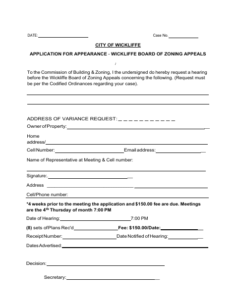 First page of the Application for Appearance – Wickliffe Board of Zoning Appeals