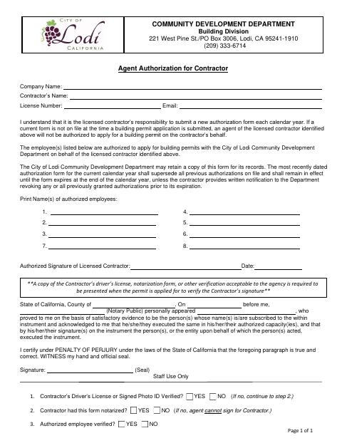 First page of the Agent Authorization for Contractor