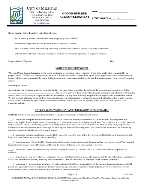First page of the Owner-Builder Acknowledgment