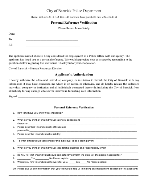 First page of the Personal Reference Verification
