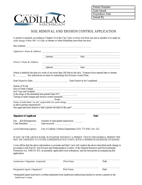 First page of the Soil Removal and Erosion Control Application