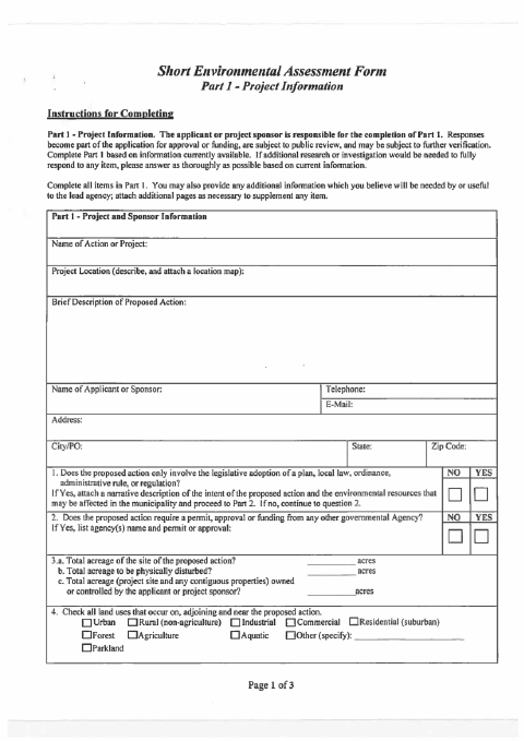 First page of the Short Environmental Assessment Form