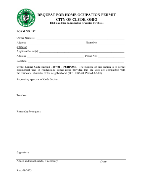 First page of the Request for Home Occupation Permit