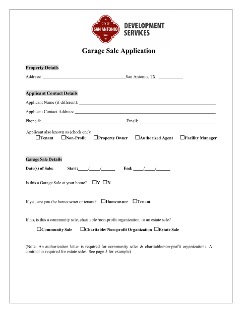 First page of the Garage Sale Permit Application