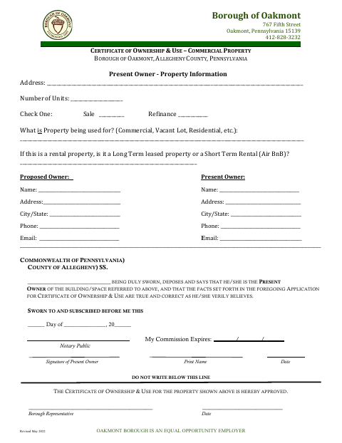 First page of the Certificate of Ownership and Use – Commercial Property