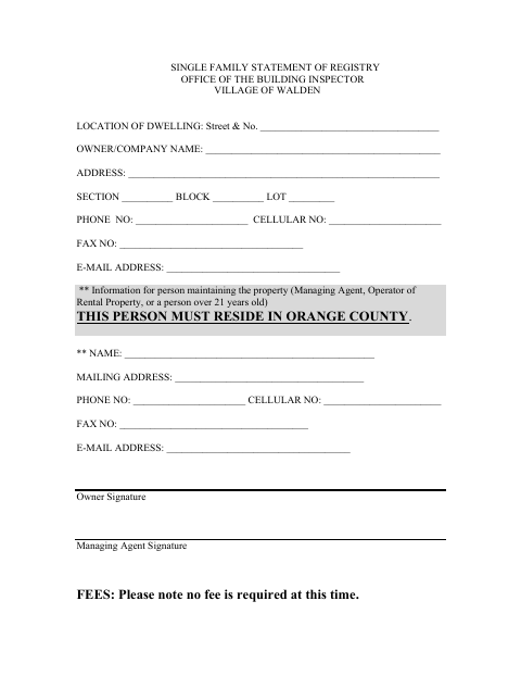 First page of the Single Family Statement of Registry