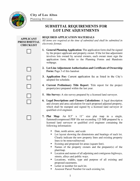 First page of the Submittal Requirements for Lot Line Adjustments