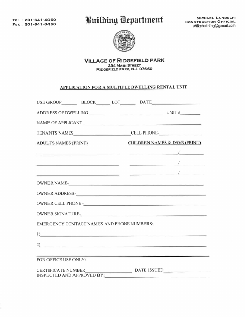 First page of the Application for Multiple Dwelling Rental Units