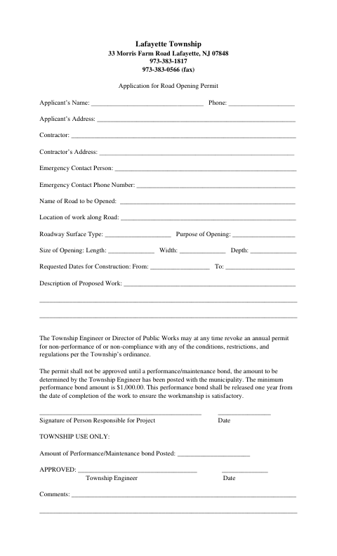 First page of the Application for Road Opening Permit