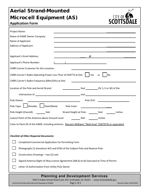 First page of the Aerial Strand-Mounted Microcell Equipment Application Form