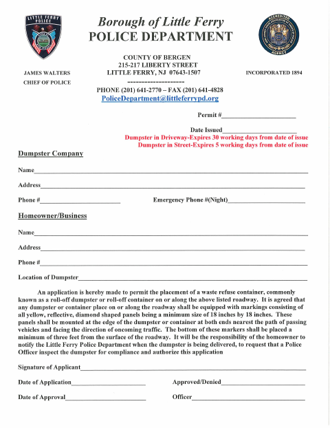 First page of the Dumpster Permit Application