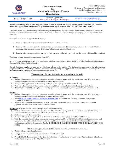 First page of the Motor Vehicle Repair Person Registration