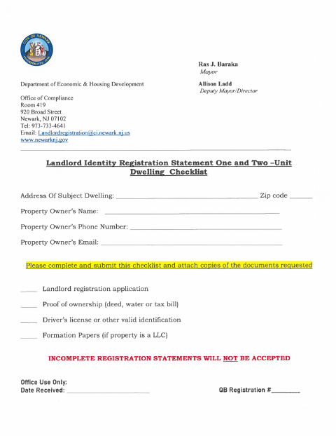 First page of the Landlord Identity Registration Statement and Two-Unit Dwelling Registration Form
