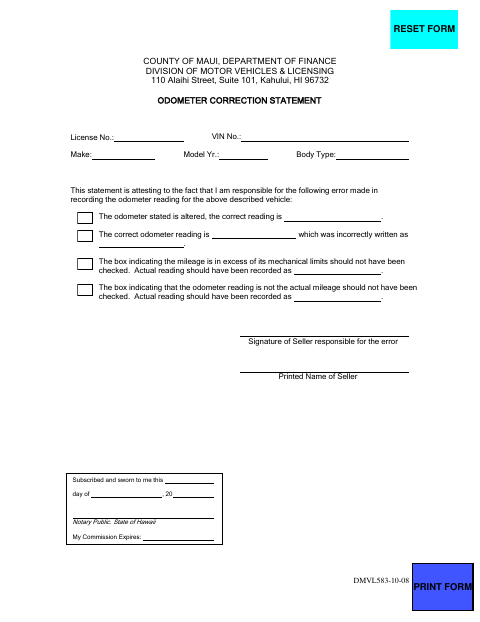 First page of the Odometer Correction Statement