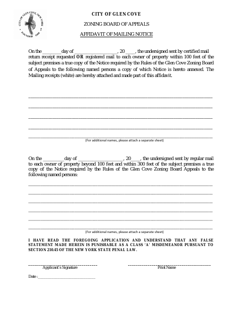 First page of the Zoning Board of Appeals Affidavit of Mailing Notice