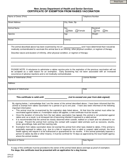First page of the Certificate of Exemption From Rabies Vaccination