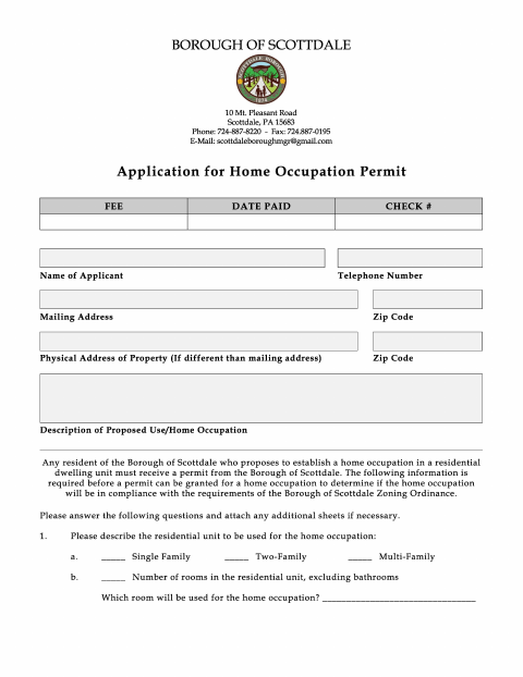 First page of the Home Occupation Permit Application