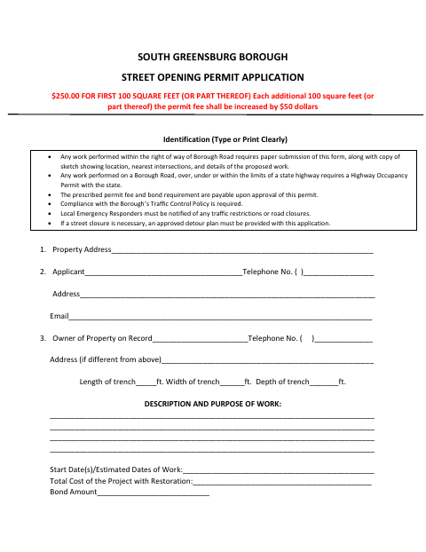 First page of the Street Opening Permit Application