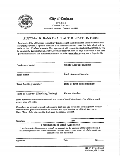 First page of the Automatic Bank Draft Authorization Form
