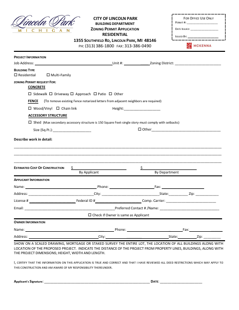 First page of the Zoning Use Permit Application