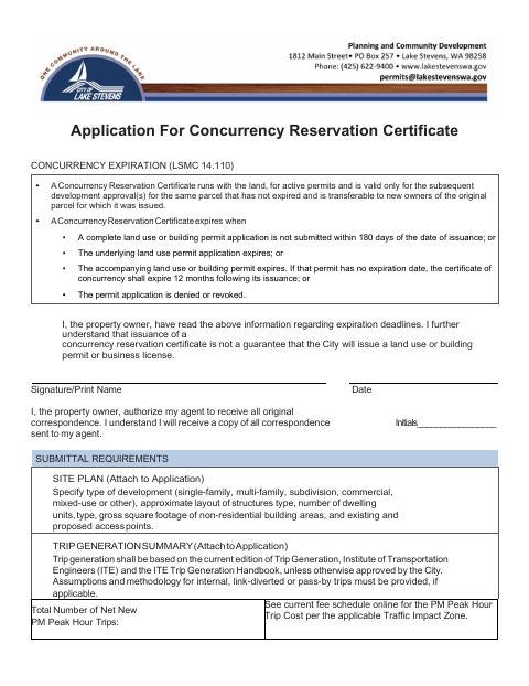 First page of the Application for Concurrency Reservation Certificate