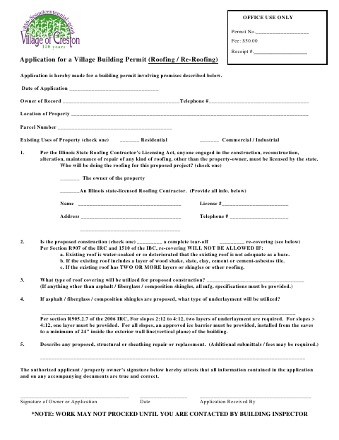 First page of the Application for a Village Building Permit (Roofing / Re-Roofing)