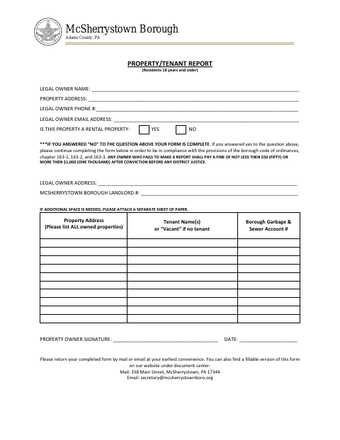 First page of the Tenant Report Form